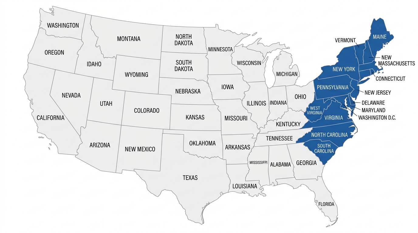 US map highlighting the 15 states plus Washington D.C. served by VPA East
