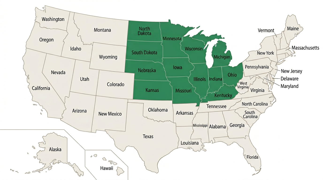 US map highlighting the 13 states served by VPA Midwest