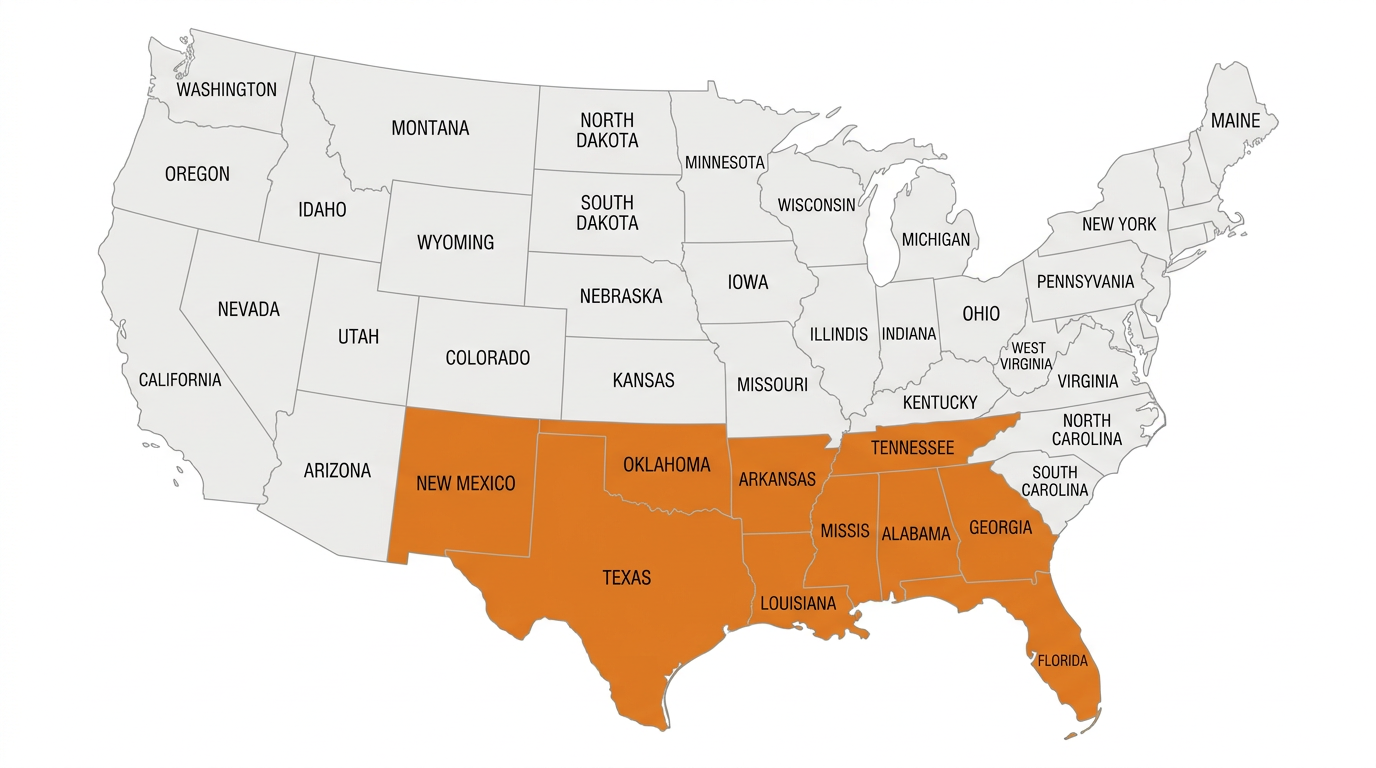 US map highlighting the 10 states served by VPA South