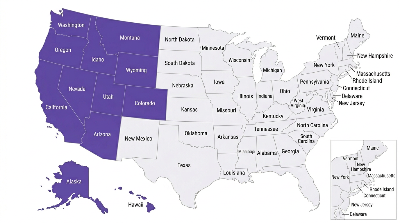 US map highlighting the 12 states served by VPA West